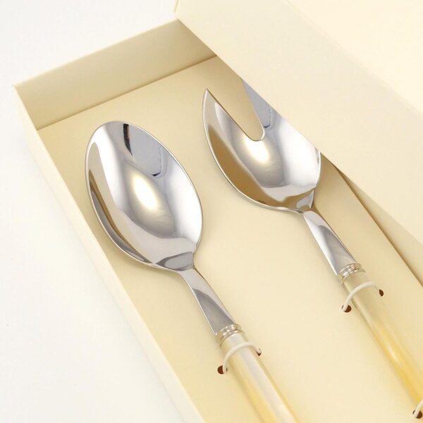 Two-piece Salad Cutlery Set Pearl with Acrylic Handles and Ring, Length 238 mm, Packaged in a Serigraphed Gift Box