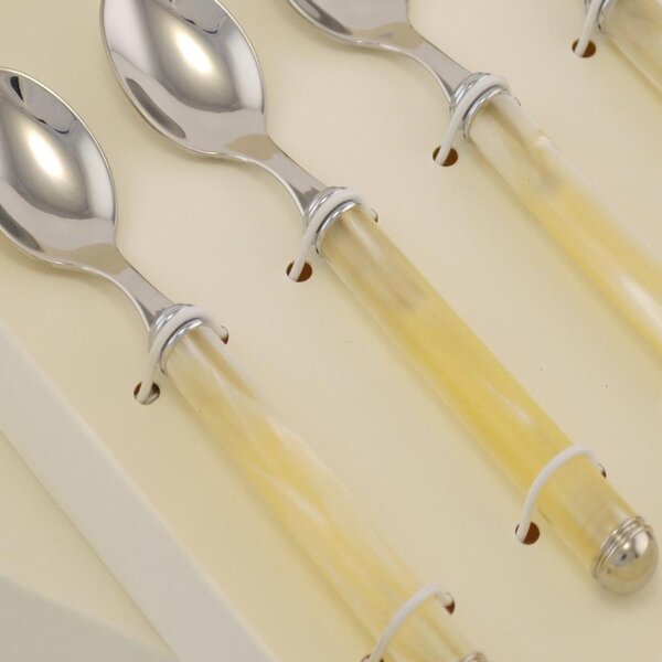 Six-piece Moka Pearl coffee spoons set with acrylic handle and ring, 140 mm length, packaged in a serigraphed bomboniera box named: bomboniere eme