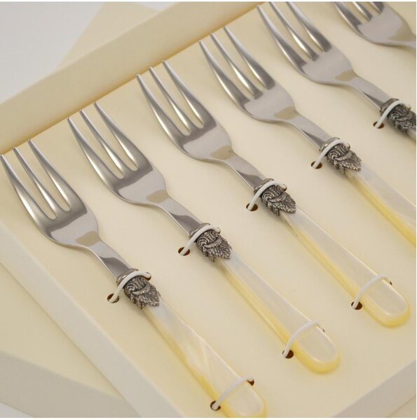 Pack of 6 NAPOLEON Dessert Forks with Acrylic Handle and Ring, Length 151 mm, Packaged in a Serigraphed Bomboniera Box