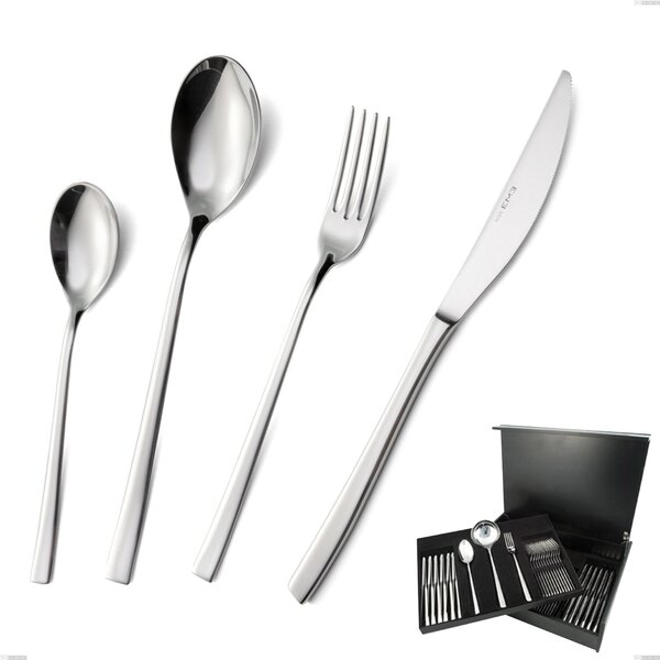 Celine 75-Piece Cutlery Set in Wooden Canteen Box, Polished AISI 304 Stainless Steel, 4.5 mm Thickness