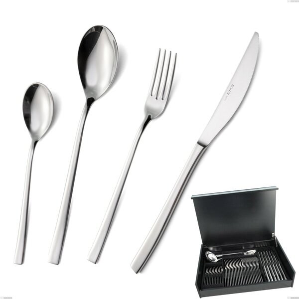 Celine 51-Piece Cutlery Set in Wooden Box, Polished AISI 304 Stainless Steel, 4.5 mm Thickness