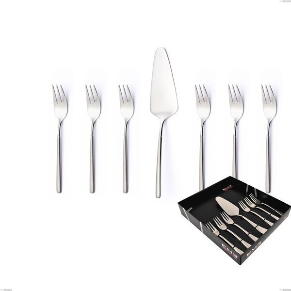 Set of 7 Dessert Cutlery, Small Forks and Dessert Spatula Celtika Sandblasted in Display Case, Stainless Steel 18.10 (AISI304), Thickness 5.00
