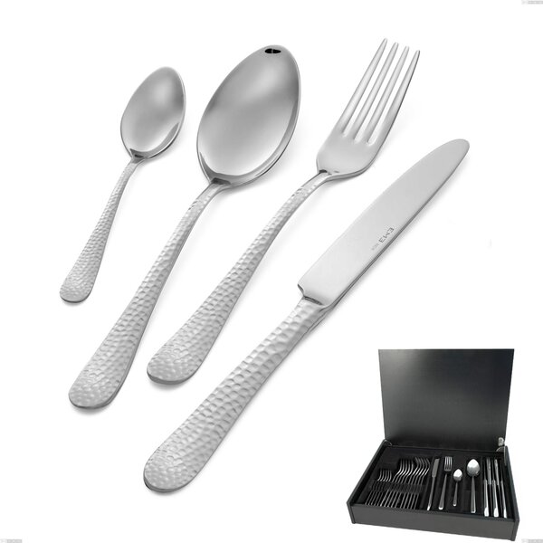 Cortina 24 Piece Cutlery Set in Wooden Box, Polished Hammered Stainless Steel (Aisi 304)