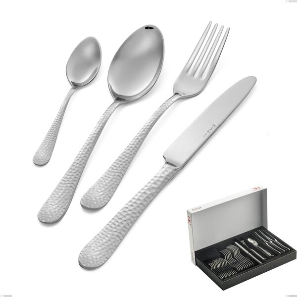 30 Piece Cortina Cutlery Set in Panoramic Packaging, Polished Hammered Stainless Steel (Aisi 304)