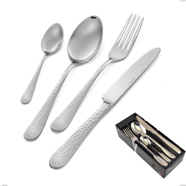 Cortina 24 Piece Cutlery Set in Space-Saving Packaging, Polished Hammered Stainless Steel (Aisi 304)