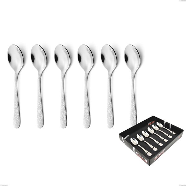 Set of 6 Moka Spoons Charme Pechino in Display Box, Polished 18/10 Stainless Steel with Laser Engraving, 2.5 mm Thickness
