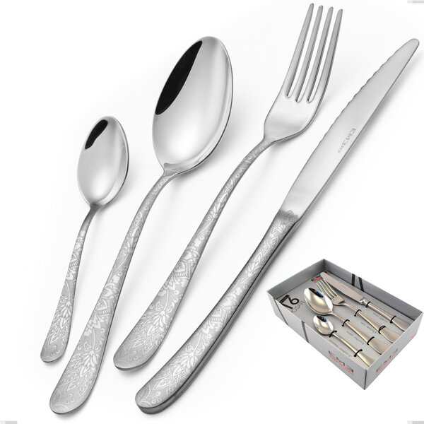Charme Pechino 16-Piece Cutlery Set in Showcase Packaging, 18/10 Polished Stainless Steel with Laser Engraving, 2.5 mm Thickness