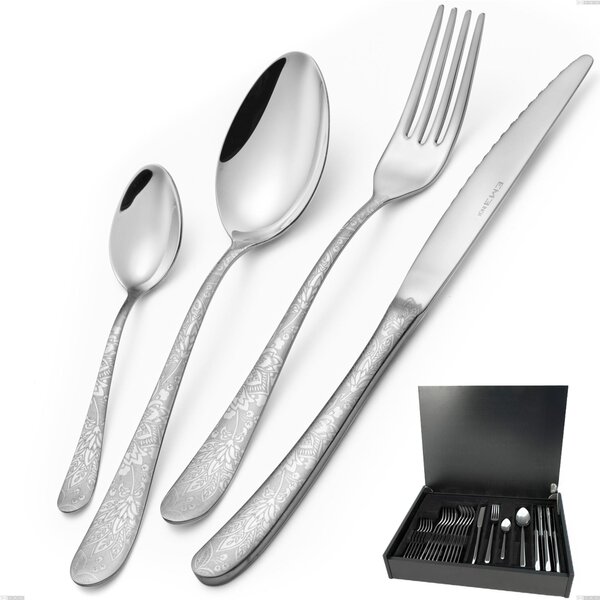 Charme Pechino 24 Piece Cutlery Set in Wooden Case, Polished 18/10 Stainless Steel with Laser Engraving, 2.5 mm Thickness