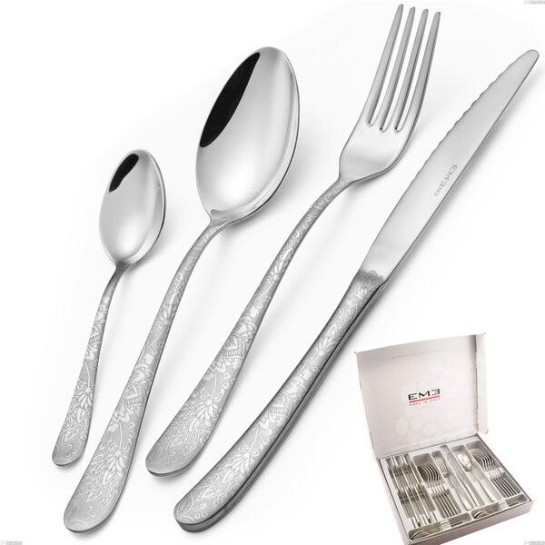 Charme Pechino 24 Piece Cutlery Set in Case, 18/10 Polished Stainless Steel with Laser Engraving, 2.5 mm Thickness