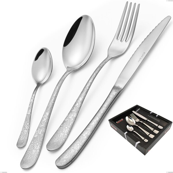 Charme Pechino 24 Piece Cutlery Set in Display Case, 18/10 Polished Stainless Steel with Laser Engraving, 2.5 mm Thickness