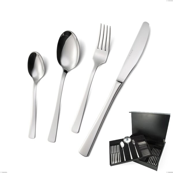 75-Piece Doram Cutlery Set in Wooden Box, Mensa Knife, Economical, Polished AISI 304 Stainless Steel, 2.5 mm Thickness