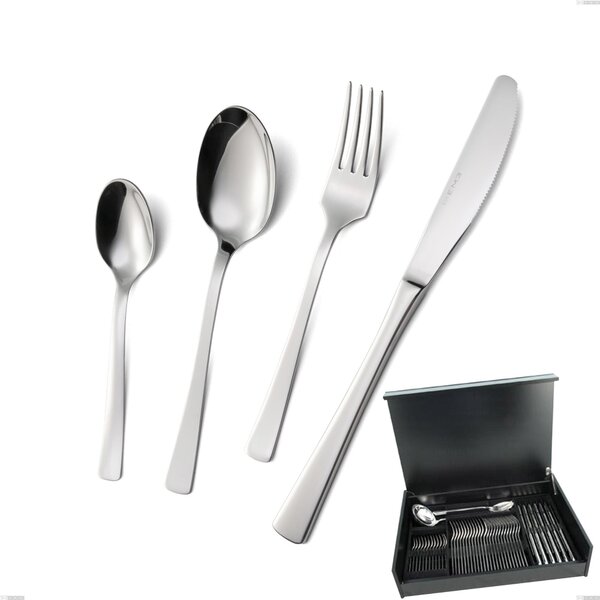 Doram 51-piece cutlery set in wooden box, economical canteen knife, polished AISI 304 stainless steel, 2.5 mm thickness