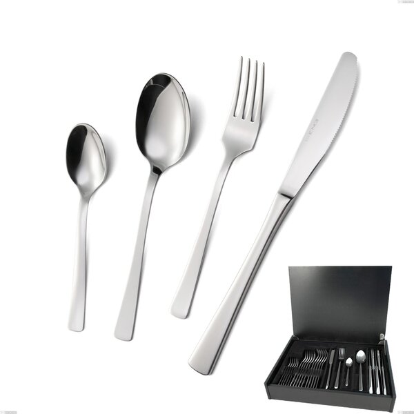 Doram 24 Piece Cutlery Set in Wooden Box, Economic Dining Knife, Polished AISI 304 Stainless Steel, 2.5 mm Thickness