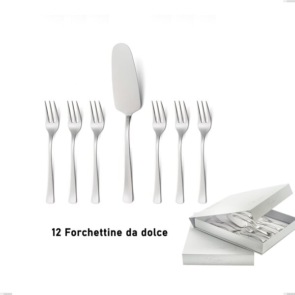 Set of 13 Dessert Cutlery, Small Forks and Cake Slice Doram in Book Style Case, Polished AISI 304 Stainless Steel, 2.5 mm Thickness