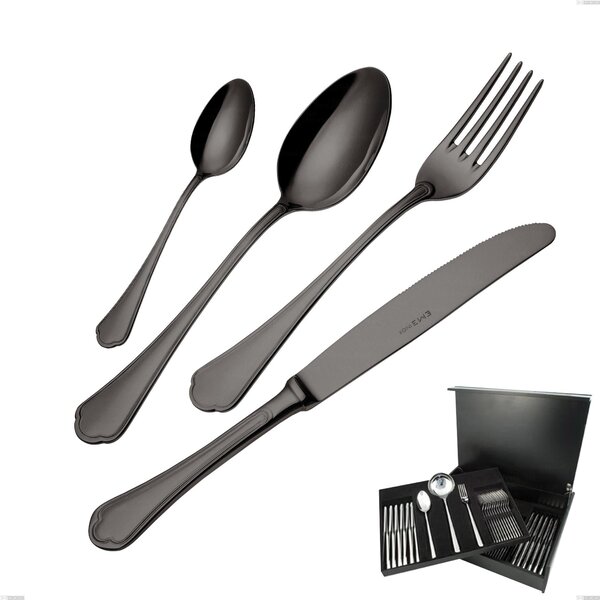 75-Piece Domus Black Cutlery Set in Wooden Case, 18/10 Stainless Steel, 3 mm Thickness