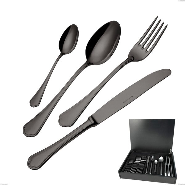 24-Piece Domus Black Cutlery Set in Wooden Case, 18/10 Stainless Steel, 3 mm Thickness