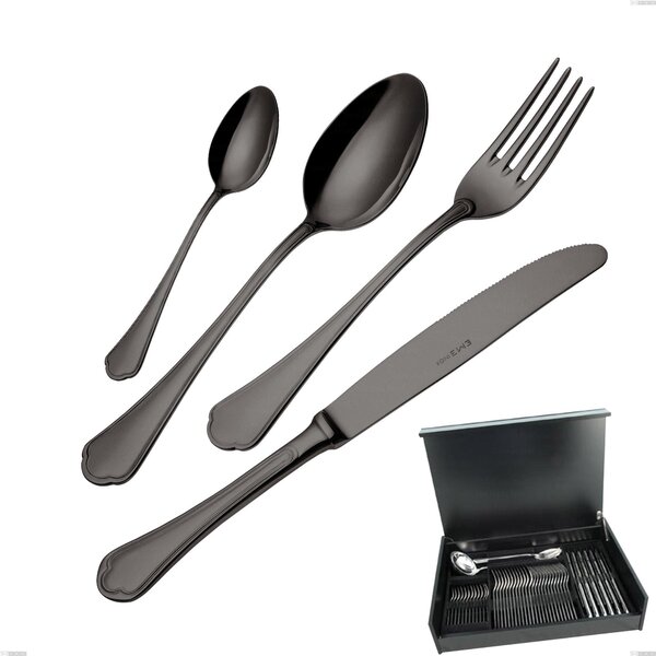 51-Piece Domus Black Cutlery Set in Wooden Case, 18/10 Stainless Steel, 3 mm Thickness