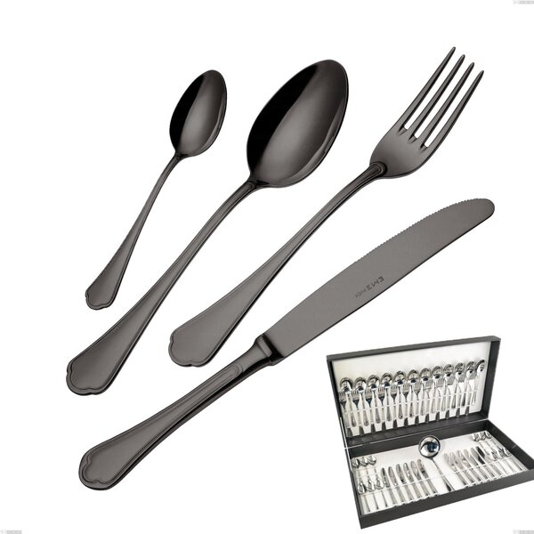 Domus Black 49 Piece Cutlery Set in Canteen Box, 18/10 Stainless Steel, 3 mm Thickness