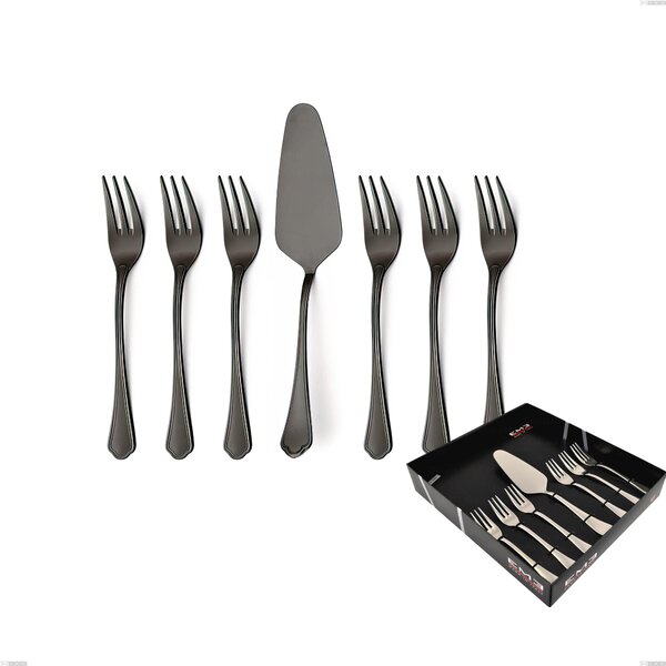 Domus Black Dessert Cutlery Set, 7 Pieces with Small Forks and Cake Server, Display Box, 18/10 Stainless Steel, 3 mm Thickness