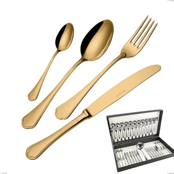 49-Piece Domus Gold Cutlery Set in Canteen Box, 18/10 Stainless Steel, 3mm Thickness