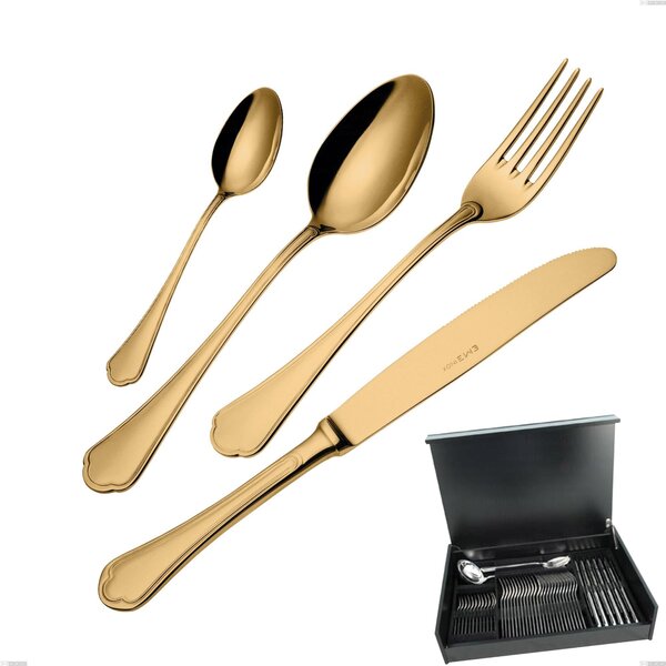 51-Piece Domus Gold Cutlery Set in Wooden Case, 18/10 Stainless Steel, 3 mm Thickness