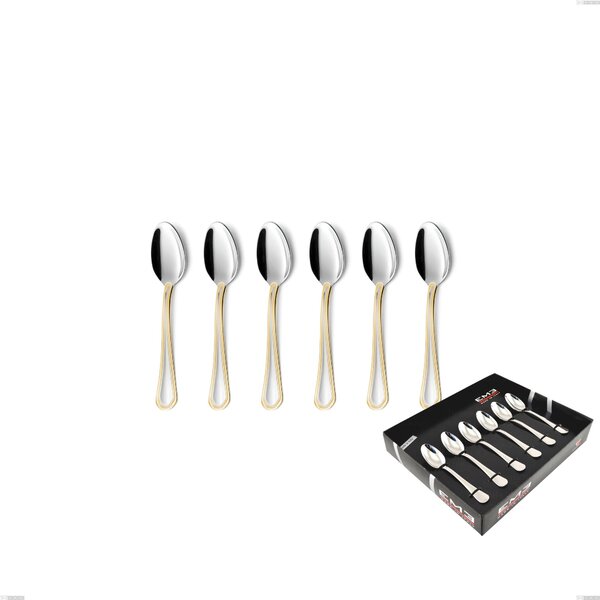 Domus Oro Set of 6 Moka Spoons in Display Box, 18-10 Stainless Steel, 24 Carat Polished Gold, 3mm Thickness