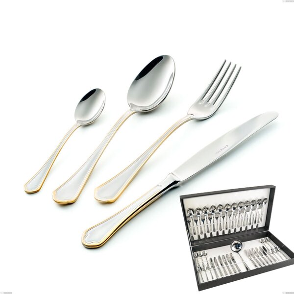 Domus Oro 49 Piece Cutlery Set in Canteen Box, 18-10 Steel, 24 Carat Polished Gold, 3 mm Thickness