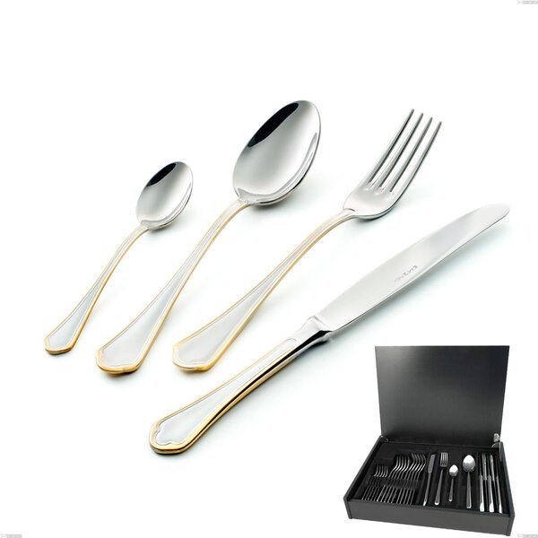 Domus Oro 24-Piece Cutlery Set in Wooden Case, 18-10 Stainless Steel, Polished 24 Carat Gold, 3 mm Thickness