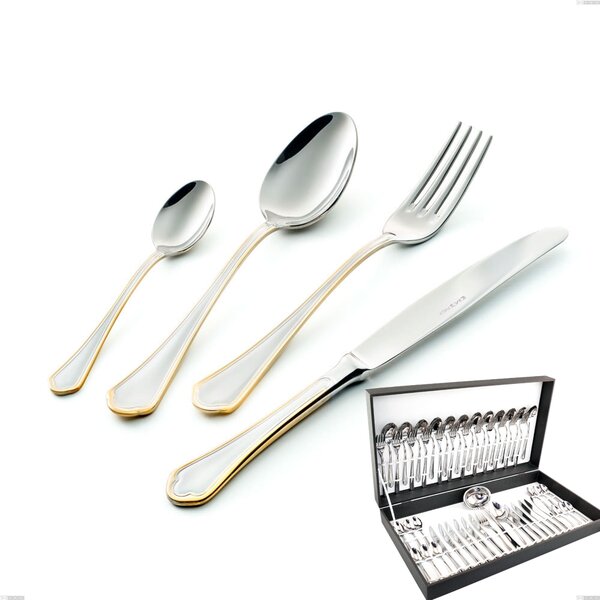 Domus Oro 51 Piece Cutlery Set in Canteen Box, 18-10 Stainless Steel, 24 Carat Polished Gold, 3 mm Thickness