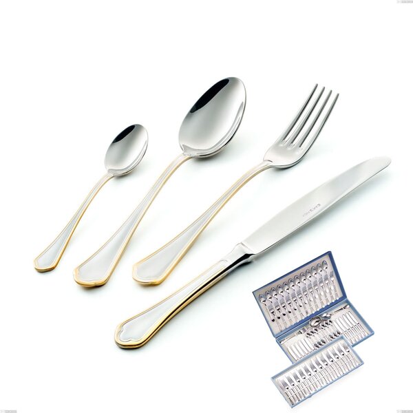 75-Piece Domus Oro Cutlery Set in Gift Case, 18-10 Stainless Steel, 24 Carat Polished Gold, 3 mm Thickness