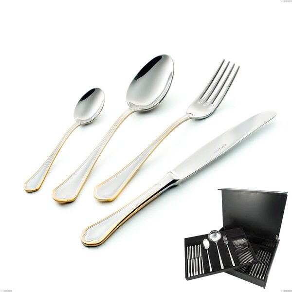 75-Piece Domus Oro Cutlery Set in Wooden Case, 18-10 Stainless Steel, 24 Carat Polished Gold, 3 mm Thickness
