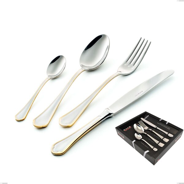 Domus Oro 24 Piece Cutlery Set in Display Case, 18-10 Stainless Steel, 24 Carat Polished Gold, 3mm Thickness