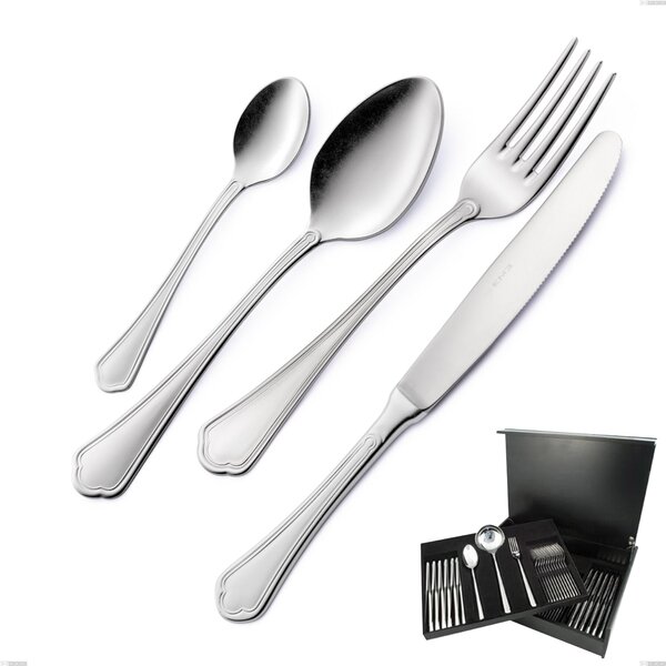 75-Piece Domus Silver Cutlery Set in Wooden Case, 18/10 Stainless Steel, 3 mm Thickness