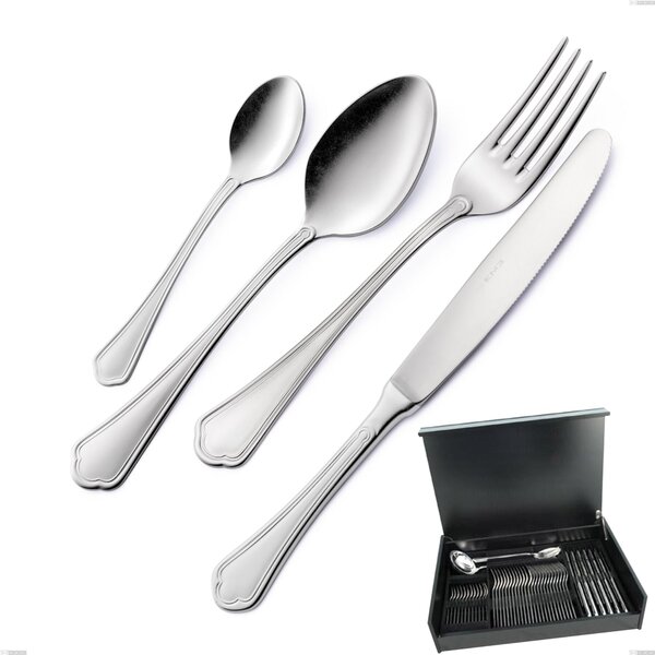 51-Piece Domus Silver Cutlery Set in Wooden Case, 18/10 Stainless Steel, 3mm Thickness