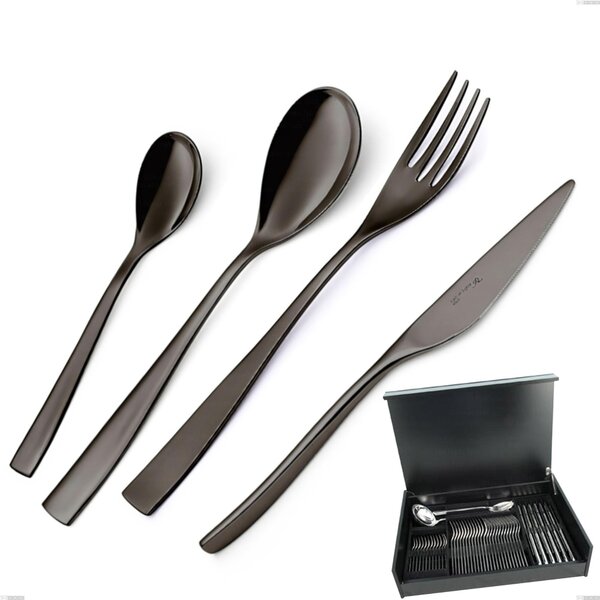 EtoIle PVD Black 51-piece cutlery set in wooden case, Polished 18/10 stainless steel, 4 mm thickness, PVD black