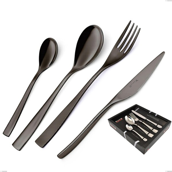 EtoIle PVD Black 24 Piece Cutlery Set in Display Case, Polished 18/10 Stainless Steel, 4 mm Thickness, PVD Black