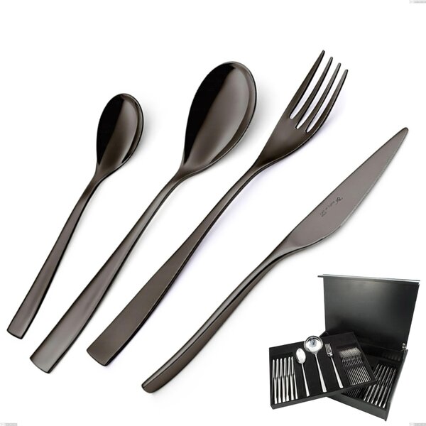 75 Piece Cutlery Set in Wooden Case EtoIle PVD Black, Polished 18/10 Stainless Steel, 4 mm Thickness, PVD Black