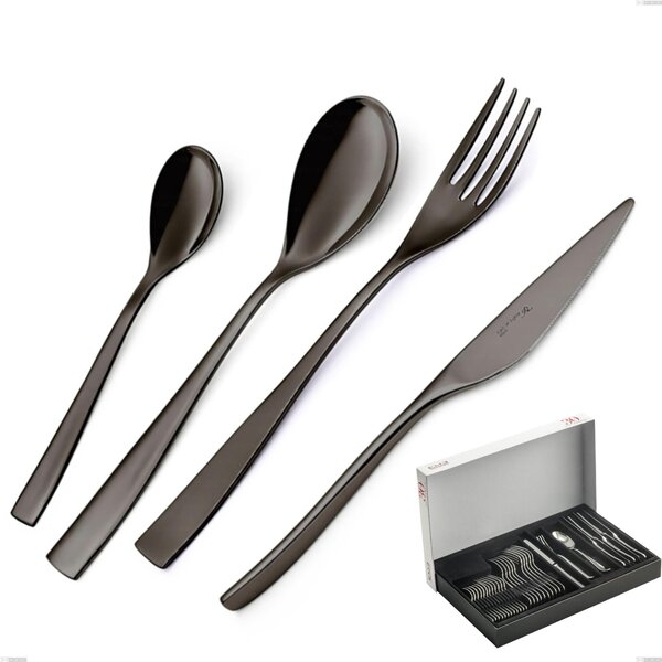 EtoIle PVD Black 30-piece cutlery set in panoramic packaging, polished 18/10 stainless steel, 4 mm thickness, PVD black