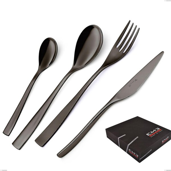 EtoIle PVD Black 49 Piece Cutlery Set in Gift Box, Polished 18/10 Stainless Steel, 4 mm Thickness, PVD Black