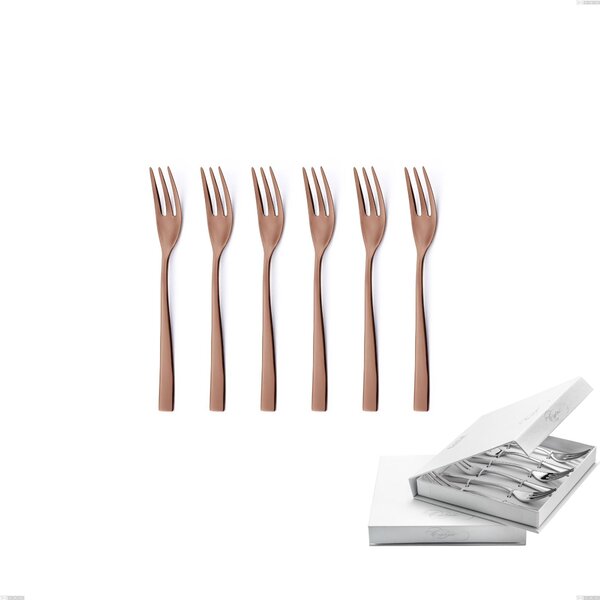 Set of 6 Etoile PVD Chocolate Dessert Forks in Book-Type Box, Polished 18/10 Stainless Steel, 4 mm Thickness, PVD Chocolate