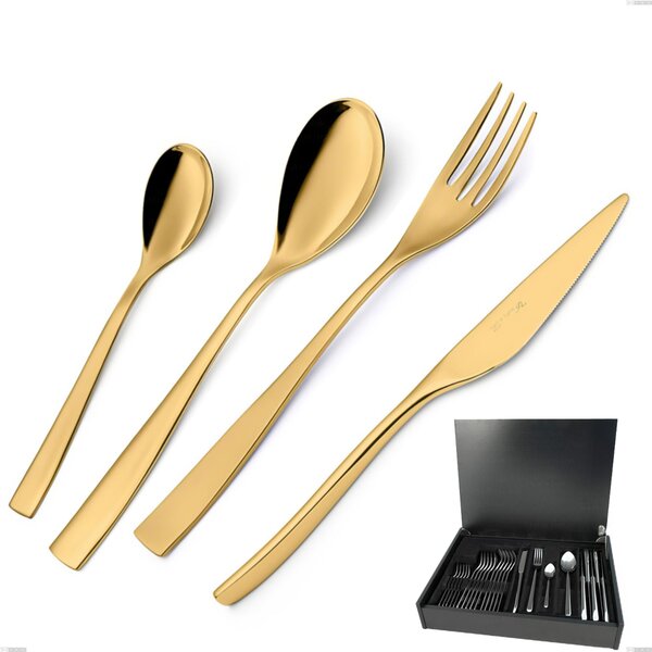 Etoile PVD Gold 24 piece cutlery set in wooden case, 18/10 polished stainless steel, 4 mm thickness, gold PVD