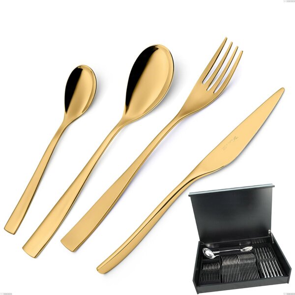 51-Piece Cutlery Set in Wooden Case Etoile PVD Gold, Polished 18/10 Stainless Steel, 4 mm Thickness, Gold PVD