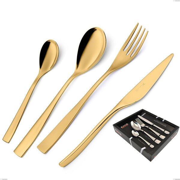 Etoile PVD Gold 24 Piece Cutlery Set in Showcase Box, Polished 18/10 Stainless Steel, 4 mm Thickness, Gold PVD