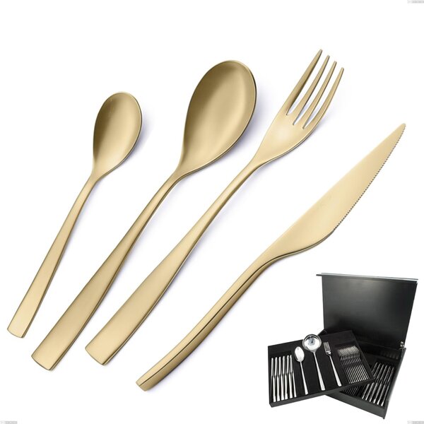 75-Piece Cutlery Set in Wooden Case Etoile PVD Sandblasted Champagne, Sandblasted 18/10 Stainless Steel, 4 mm Thickness, PVD Champagne