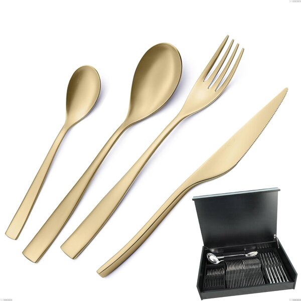 51 Piece Cutlery Set in Wooden Case Etoile PVD Sandblasted Champagne, Sandblasted 18/10 Stainless Steel, 4 mm Thickness, PVD Champagne