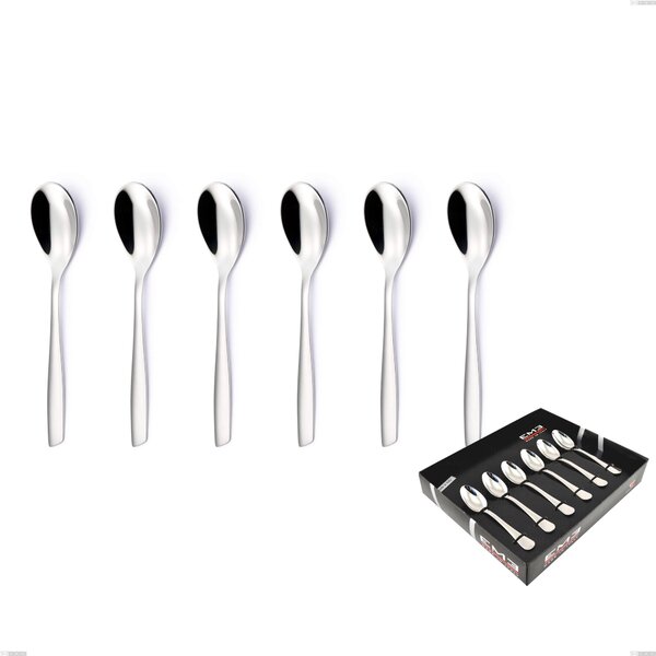 Set of 6 Eleven Moka Spoons in Display Box, (18.10 AISI 304 Stainless Steel), 2.5 mm Thickness, Mirror Polished Finish