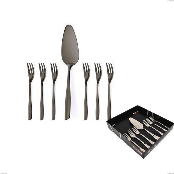 Seven-piece Dessert Cutlery Set, Small Forks and Cake Server Eleven PVD Black in Display Box, Stainless Steel 18.10, 2.5 mm Thickness