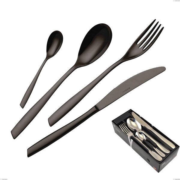 Eleven PVD Black 24 Piece Cutlery Set in Space-Saving Package, Stainless Steel 18.10, 2.5 mm Thickness