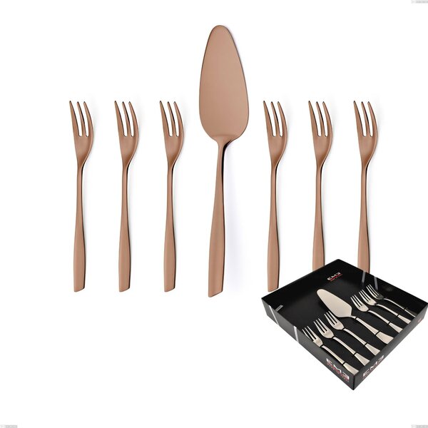 Set of 7 Dessert Cutlery, Small Forks and Dessert Spatula ELeven PVD Chocolate in Display Packaging, Polished 18/10 Stainless Steel, 2.5 mm Thickness, PVD Chocolate