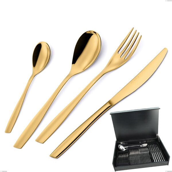 51-Piece Cutlery Set in Wooden Case Eleven PVD Gold, Polished 18/10 Stainless Steel, 2.5 mm Thickness, Gold PVD